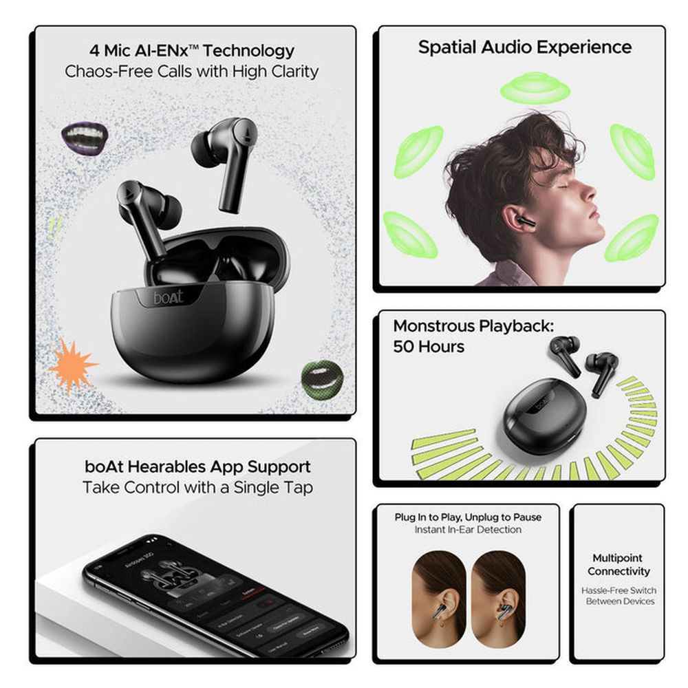 boAt Airdopes 300 TWS Earbuds with AI Environmental Noise Cancellation (IPX4 Water Proof, Splash & Sweat Resistance, 50 Hours Playback, Gunmetal Black)