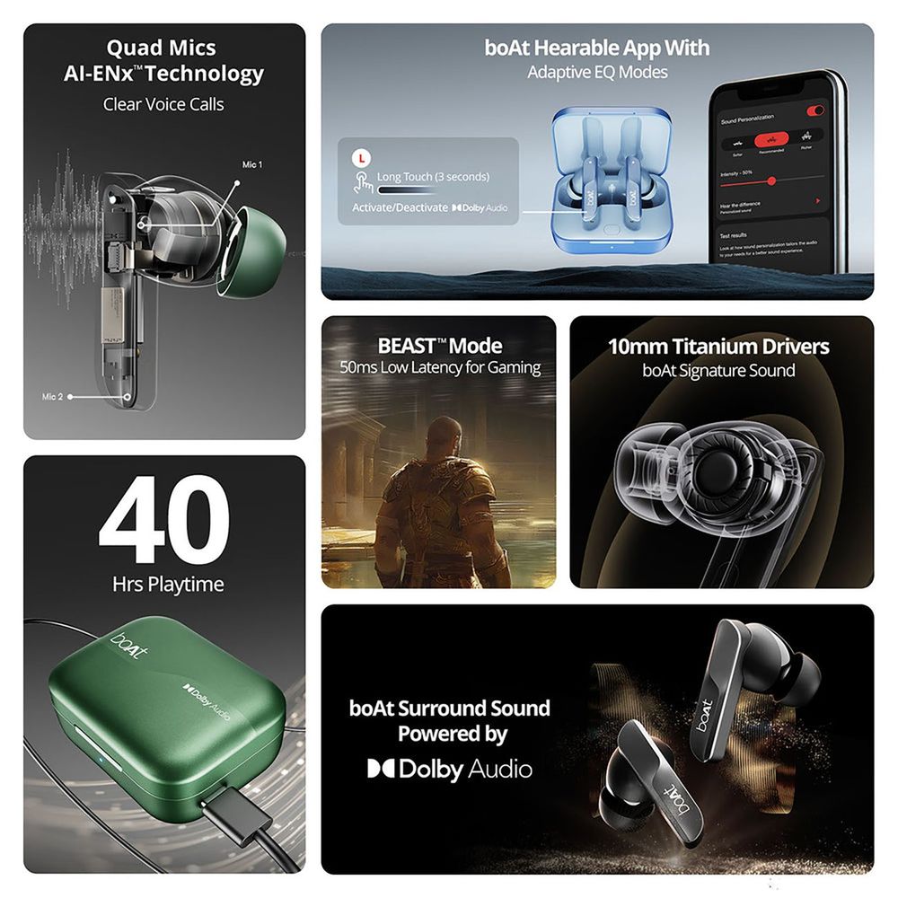 boAt Airdopes 800 TWS Earbuds with Environmental Noise Cancellation (IPX5 Water Resistant, ASAP Charge, Interstellar Blue)