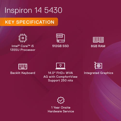 Dell Inspiron 5430 13th Gen Laptop (Intel Core i5-1335U/ 8GB LPDDR5 RAM/ 512GB SSD/ 14 Inch (35.56 cm) FHD+ Display/ Intel Iris XE Graphics/ Win 11/ MS-Office) IN5430FR0KC001ORS1(5430)