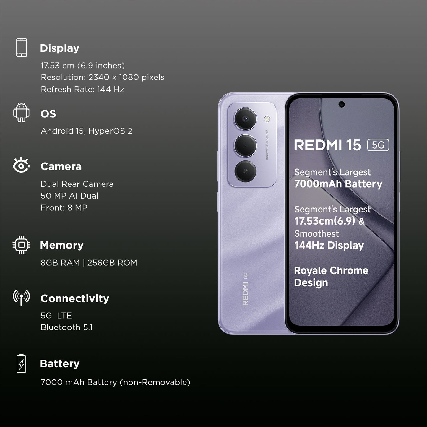 Redmi 15 5G (8GB RAM, 256GB, Sandy Purple)