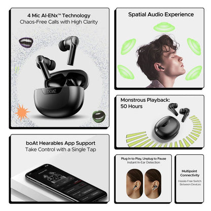 boAt Airdopes 300 TWS Earbuds with AI Environmental Noise Cancellation (IPX4 Water Proof, Splash & Sweat Resistance, 50 Hours Playback, Gunmetal Black)