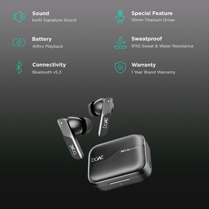 boAt Airdopes 800 TWS Earbuds with Environmental Noise Cancellation (IPX5 Water Resistant, ASAP Charge, Interstellar Black)