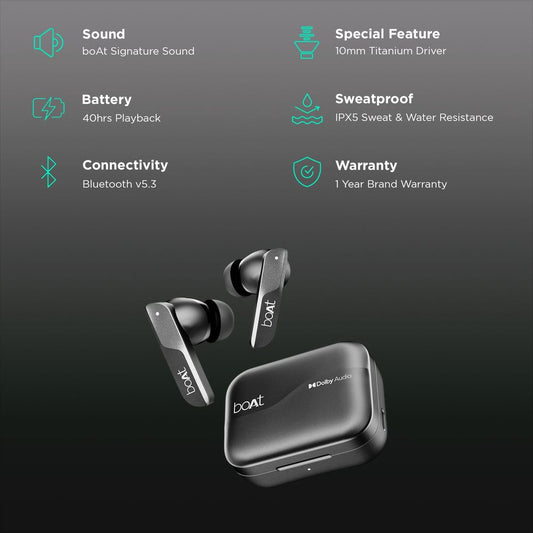 boAt Airdopes 800 TWS Earbuds with Environmental Noise Cancellation (IPX5 Water Resistant, ASAP Charge, Interstellar Black)