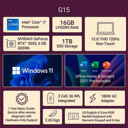 Dell G15-5530 Gaming Laptop (13th Gen Intel Core i7-13650HX/ 16GB DDR5 RAM/ 1TB SSD/ 15.6 Inch (39.62 cm) FHD Display/ 6GB-NVIDIA GeForce RTX 3050 Graphics/ Windows 11/ MS-Office) OGN55301123G01RIN