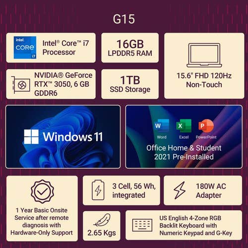 Dell G15-5530 Gaming Laptop (13th Gen Intel Core i7-13650HX/ 16GB DDR5 RAM/ 1TB SSD/ 15.6 Inch (39.62 cm) FHD Display/ 6GB-NVIDIA GeForce RTX 3050 Graphics/ Windows 11/ MS-Office) OGN55301123G01RIN