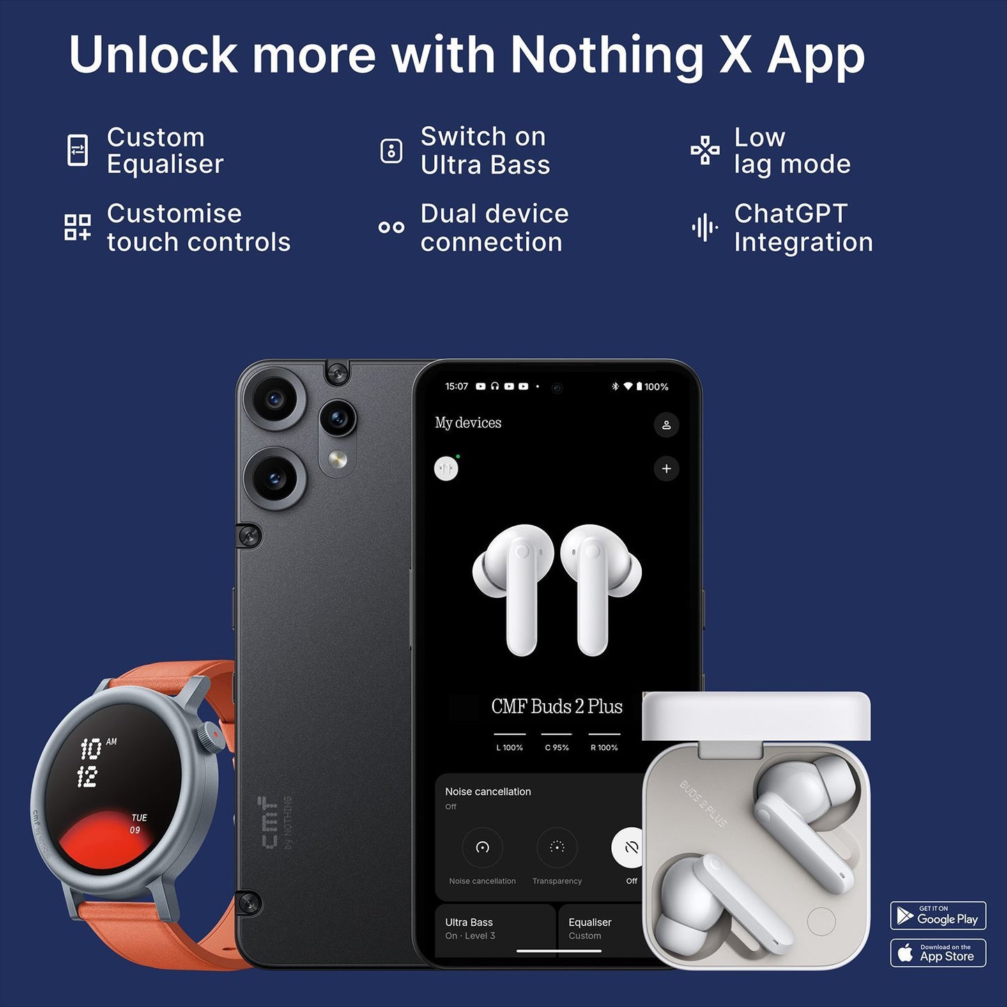 Nothing CMF Buds 2 Plus A10600104 TWS Earbuds with Adaptive Noise Cancellation (IP55, IPX2 Water Resistant, Hi-Res Audio with LDAC, Light Grey)