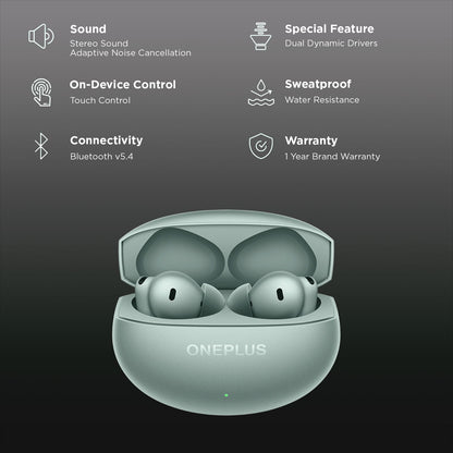 OnePlus Buds 4 TWS Earbuds with Adaptive Noise Cancellation (IPX55 Water Resistant, Dual Dynamic Drivers, Zen Green)
