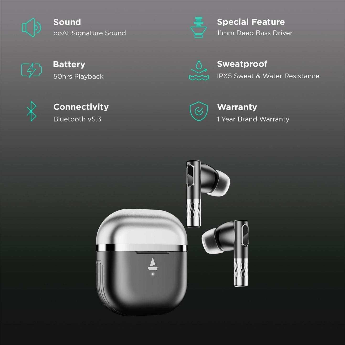 boAt Nirvana Zenith TWS Earbuds with Active Noise Cancellation (IPX5 Water Resistant, 50 Hours of Playtime, Mystique Black)
