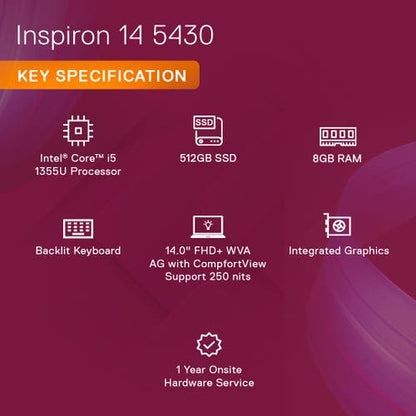 Dell Inspiron 5430 13th Gen Laptop (Intel Core i5-1335U/ 8GB LPDDR5 RAM/ 512GB SSD/ 14 Inch (35.56 cm) FHD+ Display/ Intel Iris XE Graphics/ Win 11/ MS-Office) IN5430FR0KC001ORS1(5430)