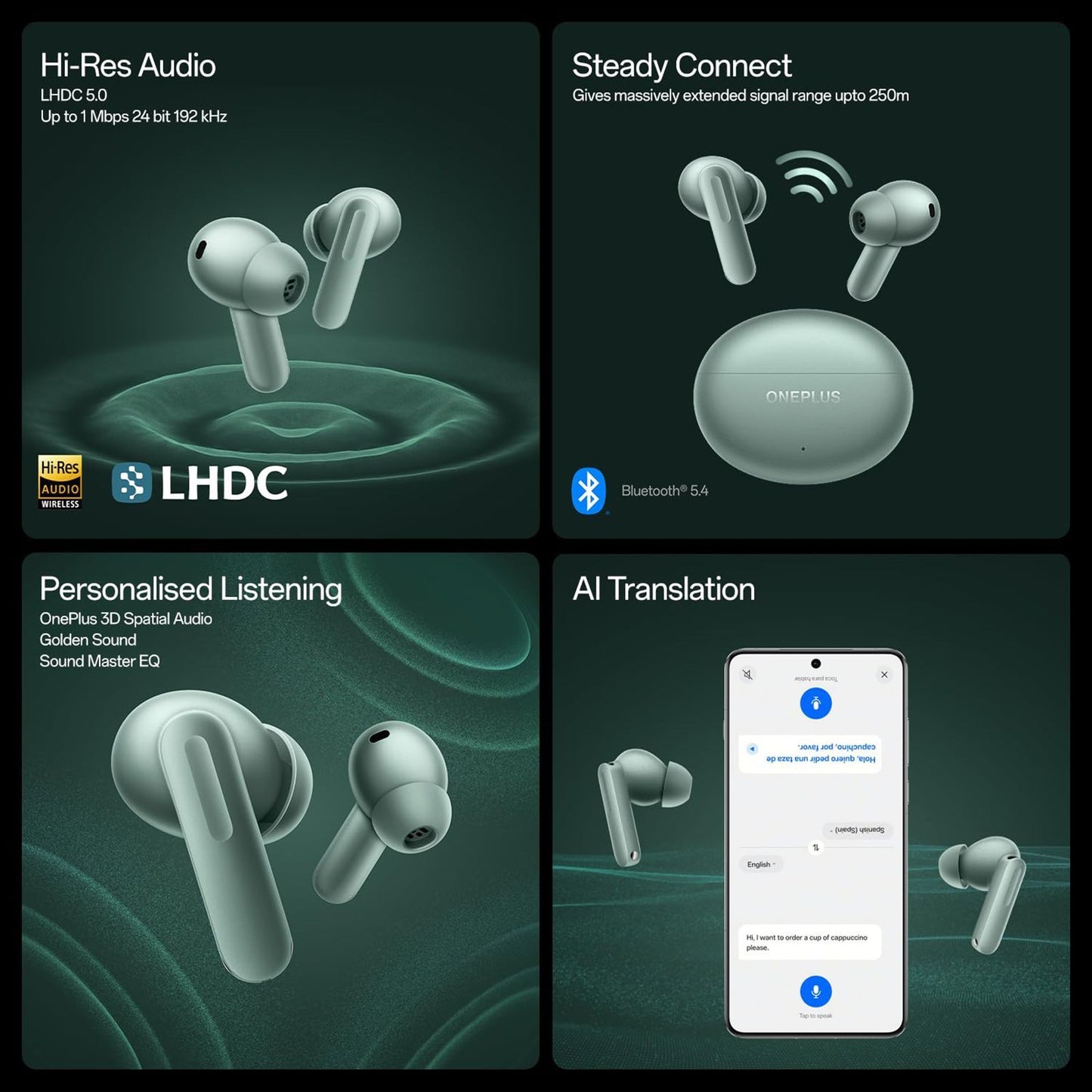 OnePlus Buds 4 TWS Earbuds with Adaptive Noise Cancellation (IPX55 Water Resistant, Dual Dynamic Drivers, Zen Green)