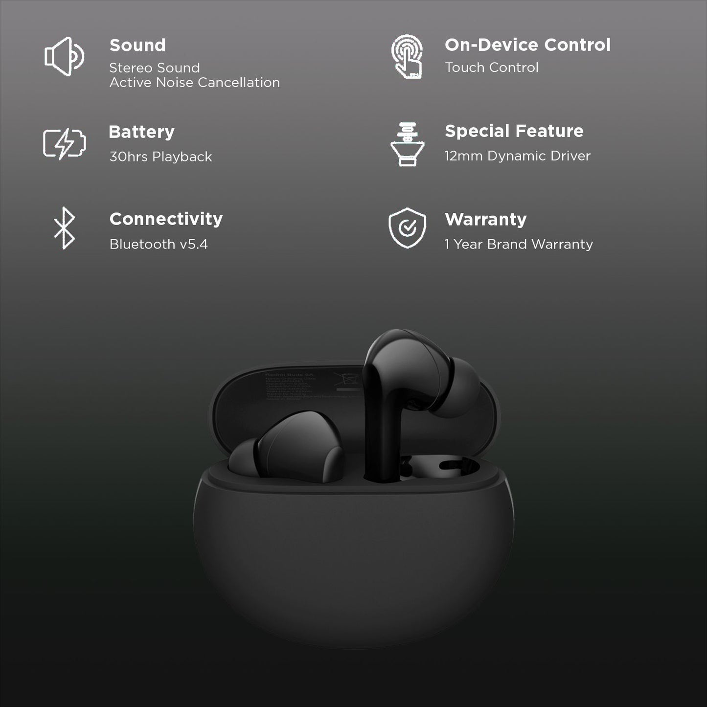 Redmi Buds 5A TWS Earbuds with Active Noise Cancellation (IPX4 Sweat Resistant, 10 Mins Quick Charge, Black)