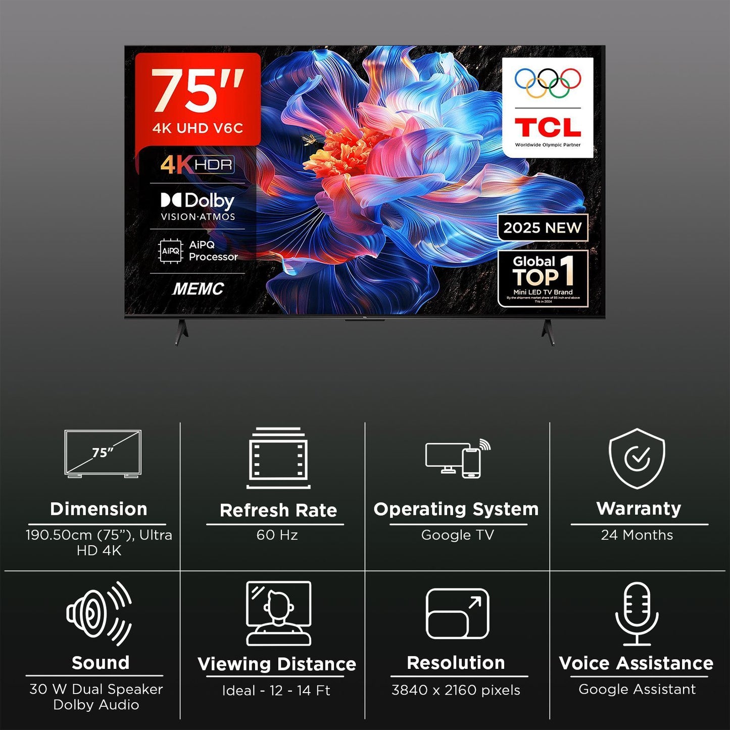 TCL V6C 190.5 cm (75 inch) 4K Ultra HD LED Smart Google TV with Google Voice Assistant (2025 model)