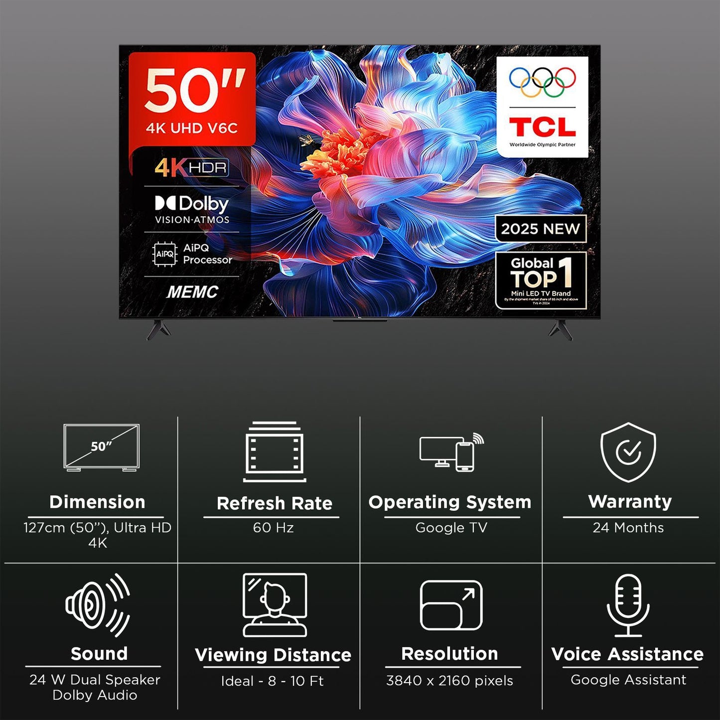 TCL V6C 127 cm (50 inch) 4K Ultra HD LED Smart Google TV with Google Voice Assistant (2025 model)