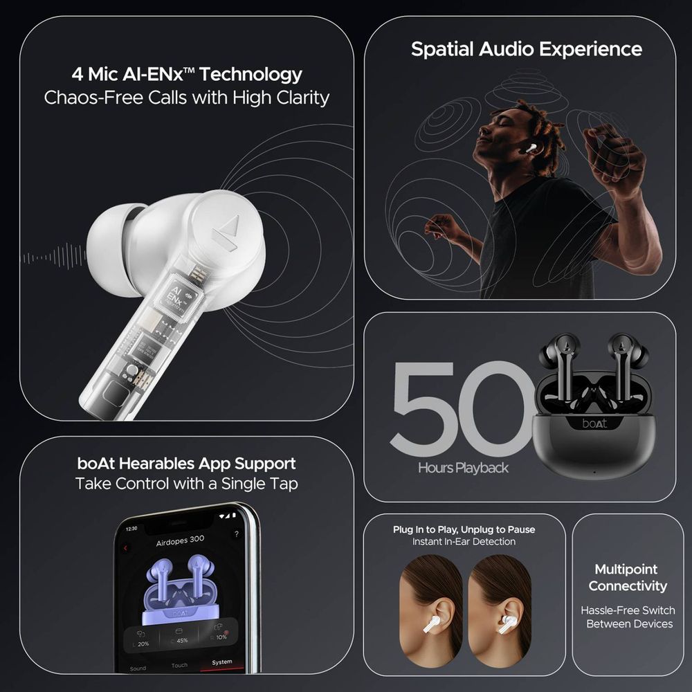 boAt Airdopes 300 TWS Earbuds with AI Environmental Noise Cancellation (IPX4 Water Proof, Splash & Sweat Resistance, 50 Hours Playback, Gunmetal Black)