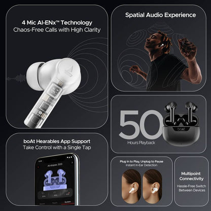 boAt Airdopes 300 TWS Earbuds with AI Environmental Noise Cancellation (IPX4 Water Proof, Splash & Sweat Resistance, 50 Hours Playback, Gunmetal Black)