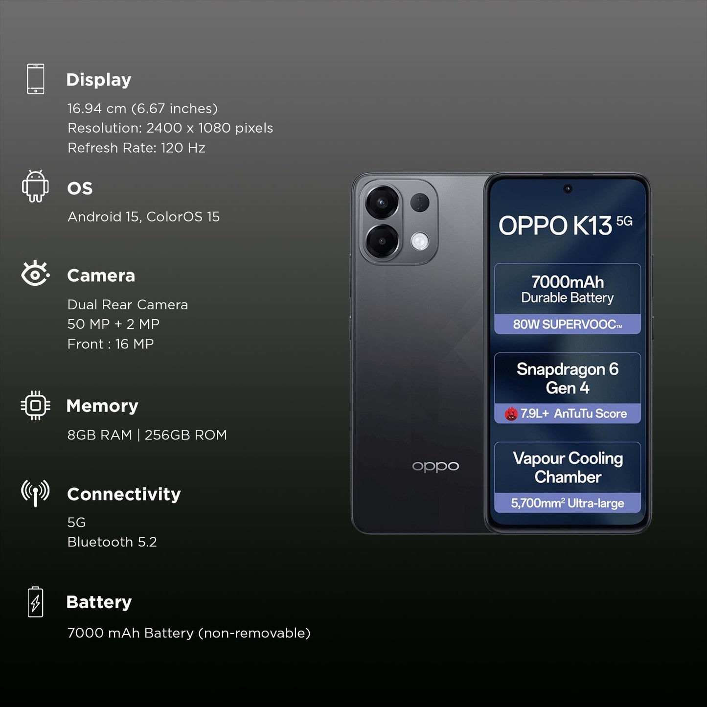 oppo K13 5G (8GB RAM, 256GB, Prism Black)