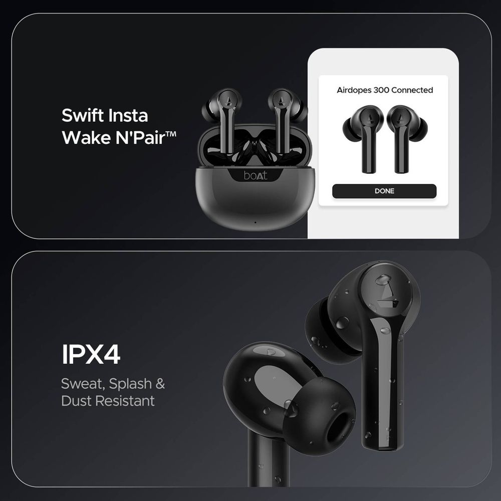 boAt Airdopes 300 TWS Earbuds with AI Environmental Noise Cancellation (IPX4 Water Proof, Splash & Sweat Resistance, 50 Hours Playback, Gunmetal Black)